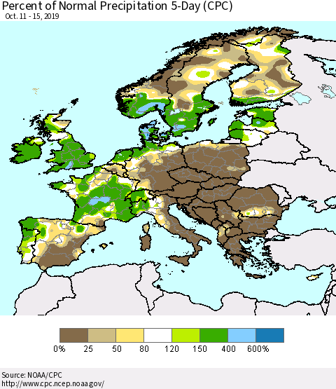 Europe Percent of Normal Precipitation 5-Day (CPC) Thematic Map For 10/11/2019 - 10/15/2019