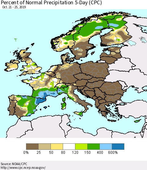 Europe Percent of Normal Precipitation 5-Day (CPC) Thematic Map For 10/21/2019 - 10/25/2019