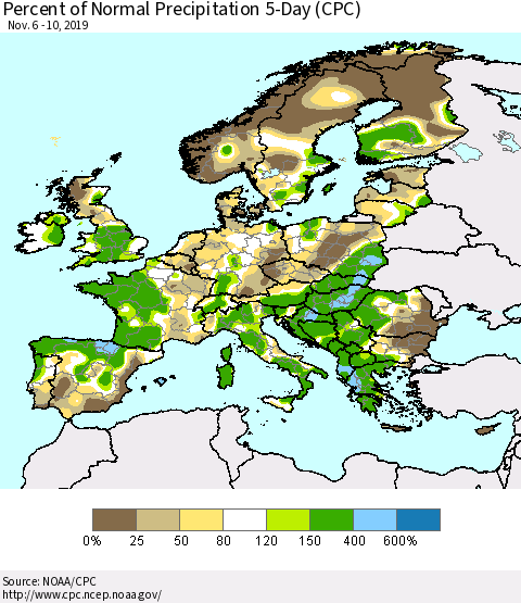 Europe Percent of Normal Precipitation 5-Day (CPC) Thematic Map For 11/6/2019 - 11/10/2019