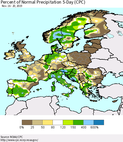 Europe Percent of Normal Precipitation 5-Day (CPC) Thematic Map For 11/16/2019 - 11/20/2019