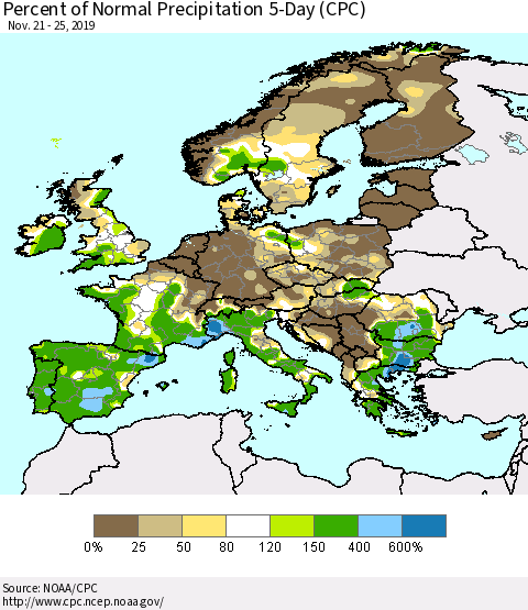 Europe Percent of Normal Precipitation 5-Day (CPC) Thematic Map For 11/21/2019 - 11/25/2019