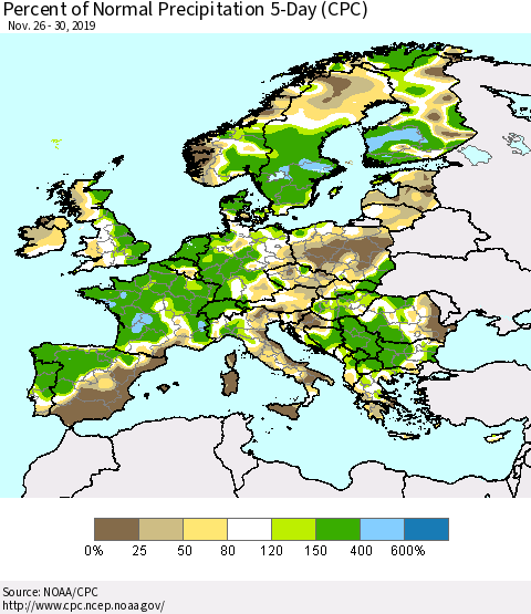Europe Percent of Normal Precipitation 5-Day (CPC) Thematic Map For 11/26/2019 - 11/30/2019