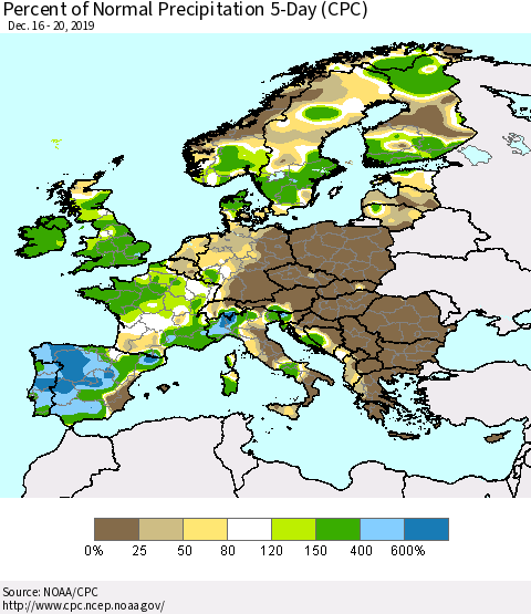 Europe Percent of Normal Precipitation 5-Day (CPC) Thematic Map For 12/16/2019 - 12/20/2019