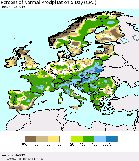 Europe Percent of Normal Precipitation 5-Day (CPC) Thematic Map For 12/21/2019 - 12/25/2019