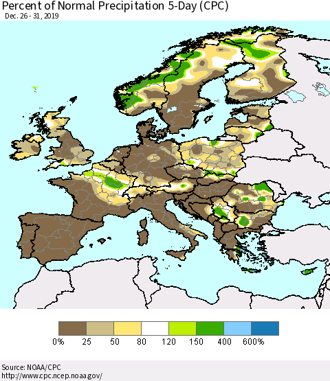 Europe Percent of Normal Precipitation 5-Day (CPC) Thematic Map For 12/26/2019 - 12/31/2019