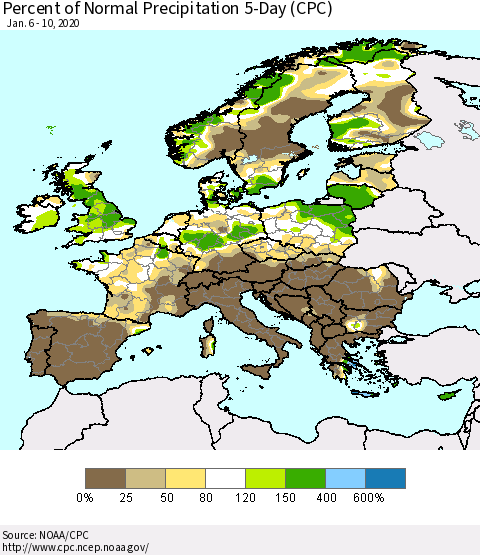 Europe Percent of Normal Precipitation 5-Day (CPC) Thematic Map For 1/6/2020 - 1/10/2020