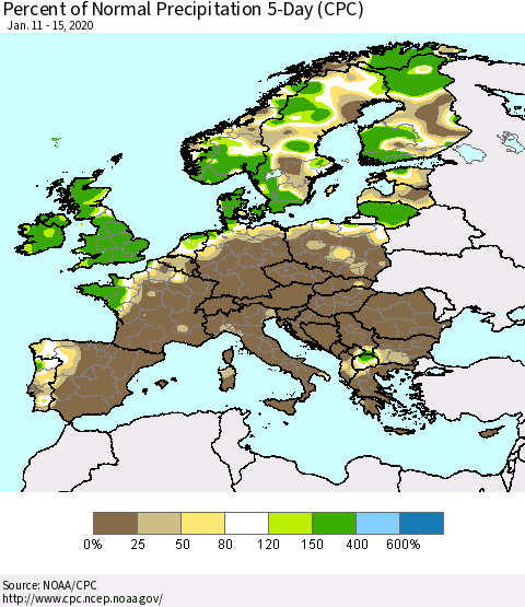 Europe Percent of Normal Precipitation 5-Day (CPC) Thematic Map For 1/11/2020 - 1/15/2020