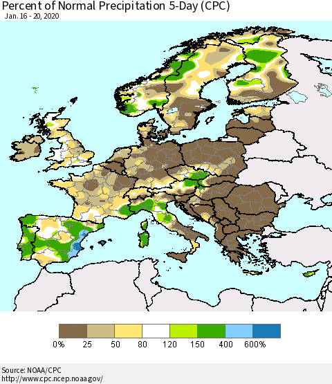 Europe Percent of Normal Precipitation 5-Day (CPC) Thematic Map For 1/16/2020 - 1/20/2020