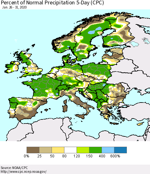 Europe Percent of Normal Precipitation 5-Day (CPC) Thematic Map For 1/26/2020 - 1/31/2020