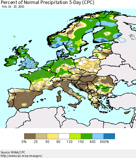 Europe Percent of Normal Precipitation 5-Day (CPC) Thematic Map For 2/16/2020 - 2/20/2020