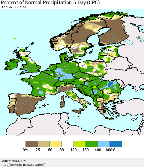 Europe Percent of Normal Precipitation 5-Day (CPC) Thematic Map For 2/26/2020 - 2/29/2020