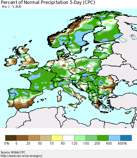 Europe Percent of Normal Precipitation 5-Day (CPC) Thematic Map For 3/1/2020 - 3/5/2020