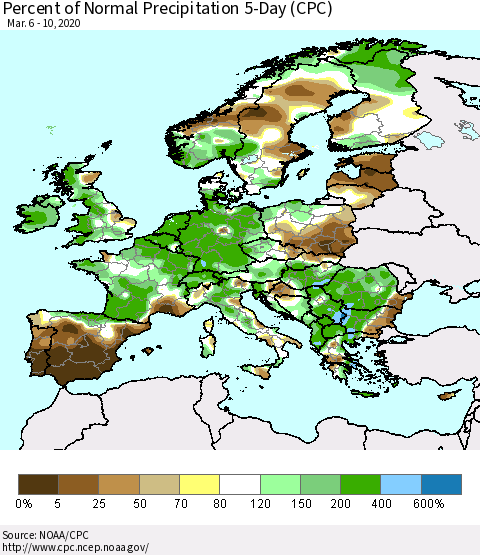Europe Percent of Normal Precipitation 5-Day (CPC) Thematic Map For 3/6/2020 - 3/10/2020