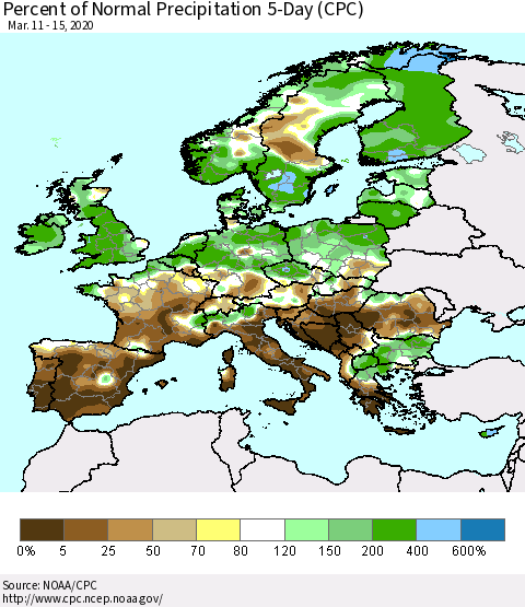 Europe Percent of Normal Precipitation 5-Day (CPC) Thematic Map For 3/11/2020 - 3/15/2020