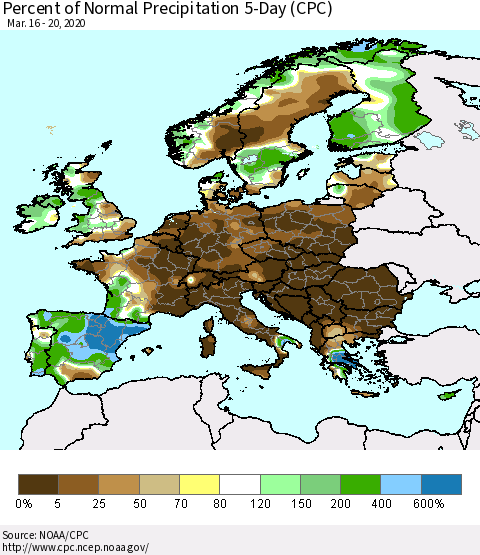 Europe Percent of Normal Precipitation 5-Day (CPC) Thematic Map For 3/16/2020 - 3/20/2020