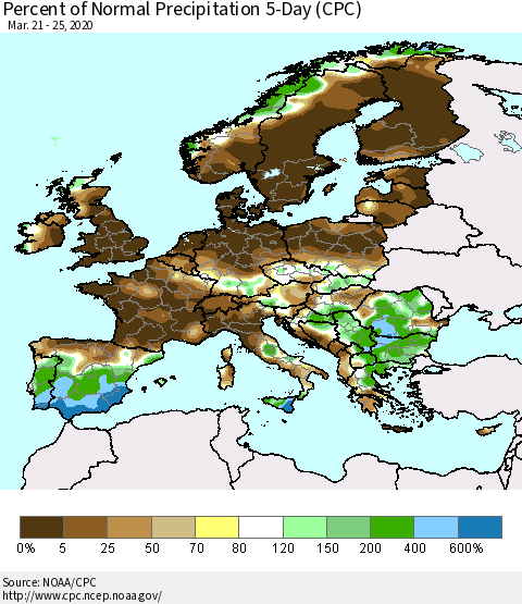 Europe Percent of Normal Precipitation 5-Day (CPC) Thematic Map For 3/21/2020 - 3/25/2020