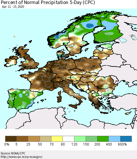 Europe Percent of Normal Precipitation 5-Day (CPC) Thematic Map For 4/11/2020 - 4/15/2020