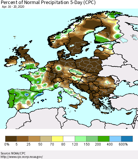 Europe Percent of Normal Precipitation 5-Day (CPC) Thematic Map For 4/16/2020 - 4/20/2020