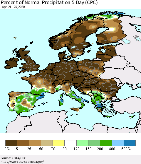 Europe Percent of Normal Precipitation 5-Day (CPC) Thematic Map For 4/21/2020 - 4/25/2020