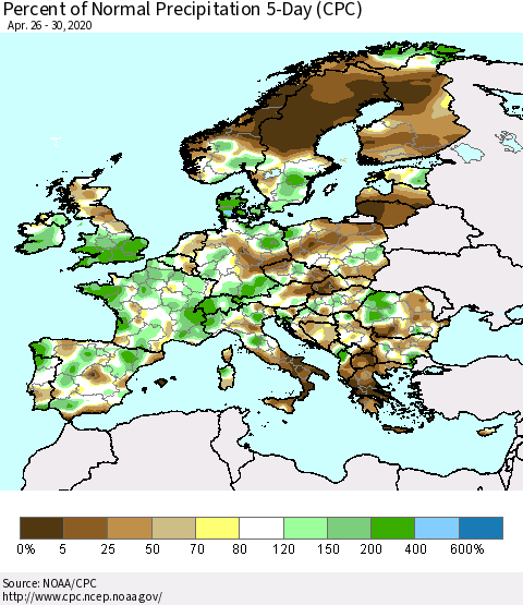 Europe Percent of Normal Precipitation 5-Day (CPC) Thematic Map For 4/26/2020 - 4/30/2020