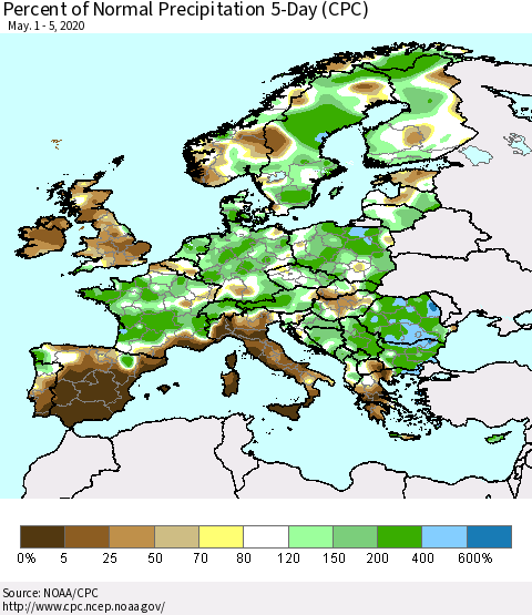 Europe Percent of Normal Precipitation 5-Day (CPC) Thematic Map For 5/1/2020 - 5/5/2020