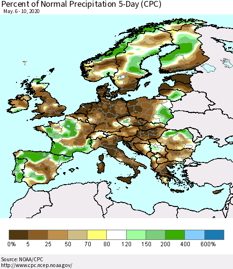 Europe Percent of Normal Precipitation 5-Day (CPC) Thematic Map For 5/6/2020 - 5/10/2020
