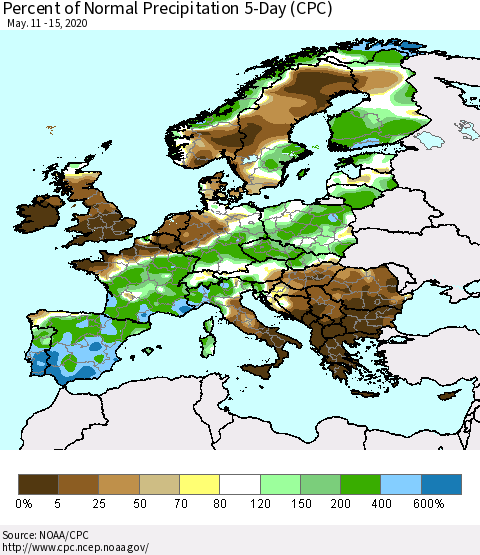 Europe Percent of Normal Precipitation 5-Day (CPC) Thematic Map For 5/11/2020 - 5/15/2020