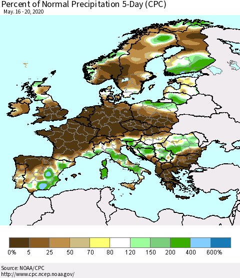 Europe Percent of Normal Precipitation 5-Day (CPC) Thematic Map For 5/16/2020 - 5/20/2020
