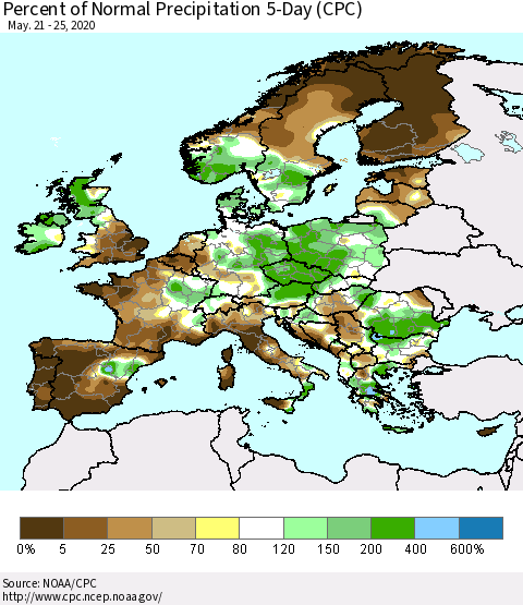 Europe Percent of Normal Precipitation 5-Day (CPC) Thematic Map For 5/21/2020 - 5/25/2020