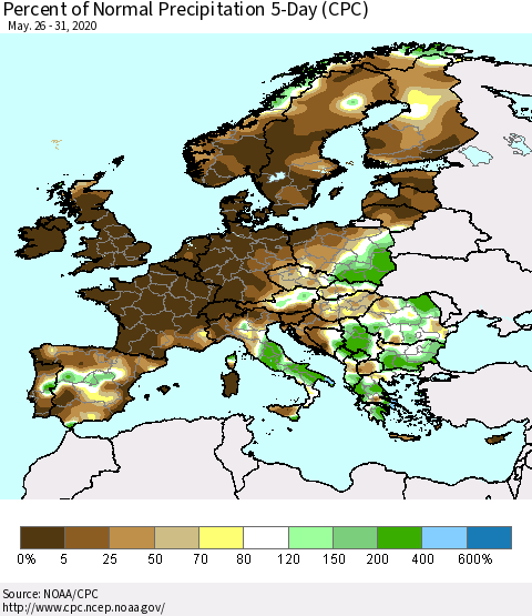Europe Percent of Normal Precipitation 5-Day (CPC) Thematic Map For 5/26/2020 - 5/31/2020