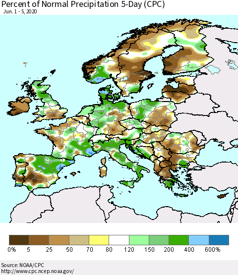 Europe Percent of Normal Precipitation 5-Day (CPC) Thematic Map For 6/1/2020 - 6/5/2020