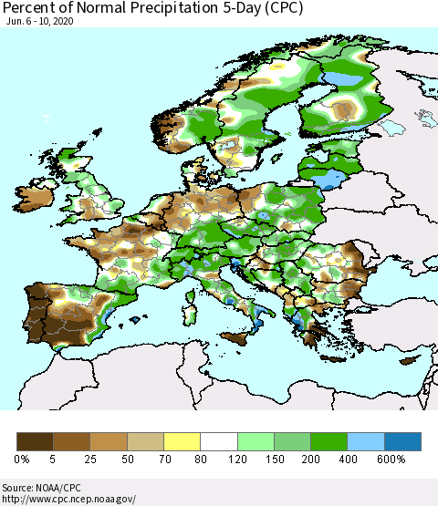 Europe Percent of Normal Precipitation 5-Day (CPC) Thematic Map For 6/6/2020 - 6/10/2020