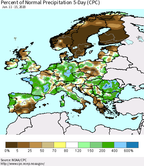 Europe Percent of Normal Precipitation 5-Day (CPC) Thematic Map For 6/11/2020 - 6/15/2020