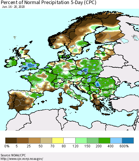 Europe Percent of Normal Precipitation 5-Day (CPC) Thematic Map For 6/16/2020 - 6/20/2020