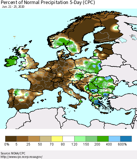 Europe Percent of Normal Precipitation 5-Day (CPC) Thematic Map For 6/21/2020 - 6/25/2020