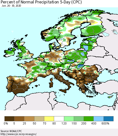 Europe Percent of Normal Precipitation 5-Day (CPC) Thematic Map For 6/26/2020 - 6/30/2020