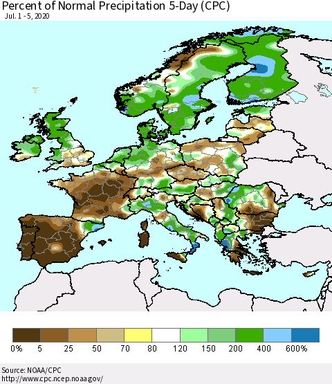 Europe Percent of Normal Precipitation 5-Day (CPC) Thematic Map For 7/1/2020 - 7/5/2020