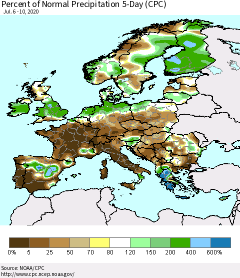 Europe Percent of Normal Precipitation 5-Day (CPC) Thematic Map For 7/6/2020 - 7/10/2020