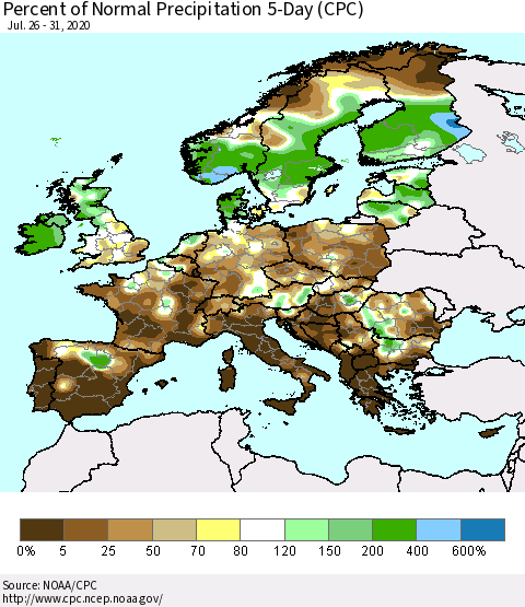 Europe Percent of Normal Precipitation 5-Day (CPC) Thematic Map For 7/26/2020 - 7/31/2020
