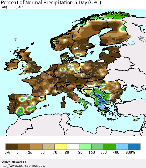 Europe Percent of Normal Precipitation 5-Day (CPC) Thematic Map For 8/6/2020 - 8/10/2020
