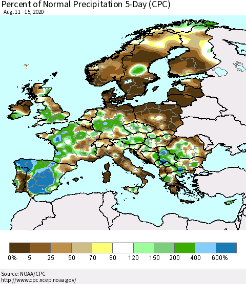 Europe Percent of Normal Precipitation 5-Day (CPC) Thematic Map For 8/11/2020 - 8/15/2020