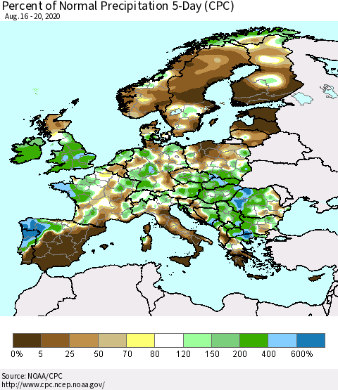 Europe Percent of Normal Precipitation 5-Day (CPC) Thematic Map For 8/16/2020 - 8/20/2020