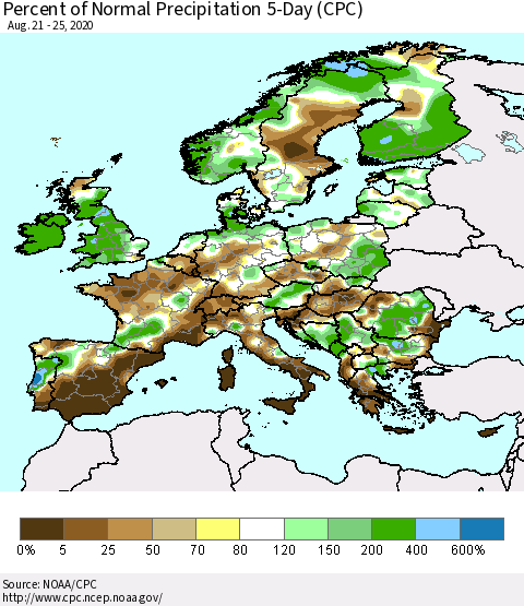 Europe Percent of Normal Precipitation 5-Day (CPC) Thematic Map For 8/21/2020 - 8/25/2020