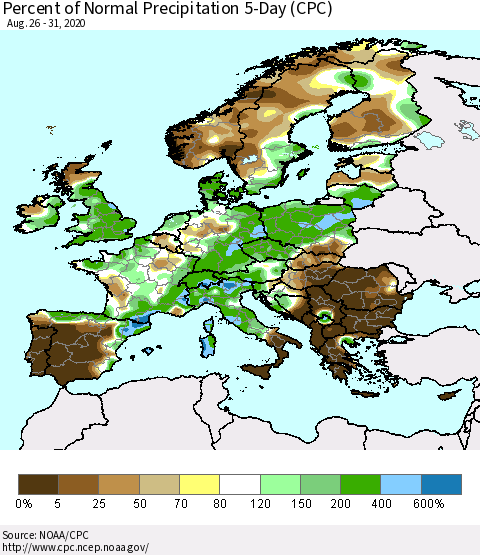 Europe Percent of Normal Precipitation 5-Day (CPC) Thematic Map For 8/26/2020 - 8/31/2020