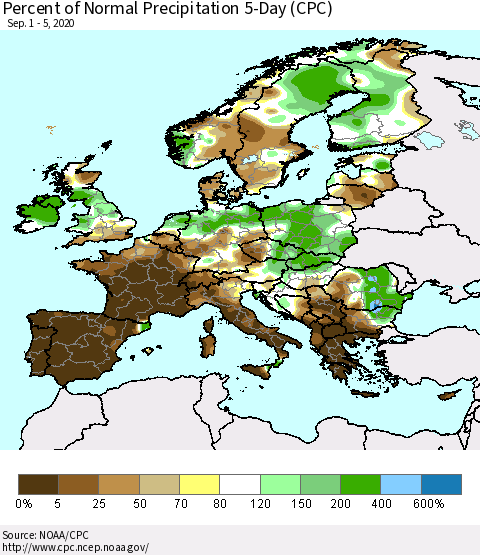 Europe Percent of Normal Precipitation 5-Day (CPC) Thematic Map For 9/1/2020 - 9/5/2020