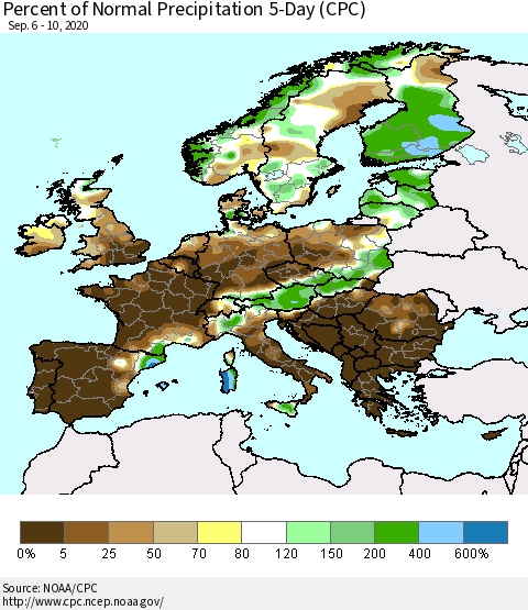 Europe Percent of Normal Precipitation 5-Day (CPC) Thematic Map For 9/6/2020 - 9/10/2020