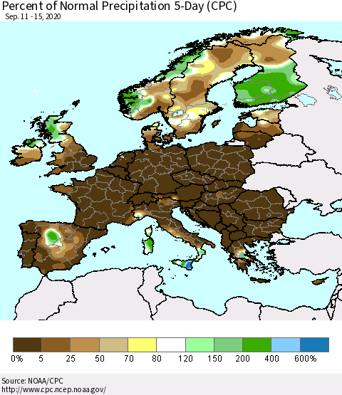 Europe Percent of Normal Precipitation 5-Day (CPC) Thematic Map For 9/11/2020 - 9/15/2020