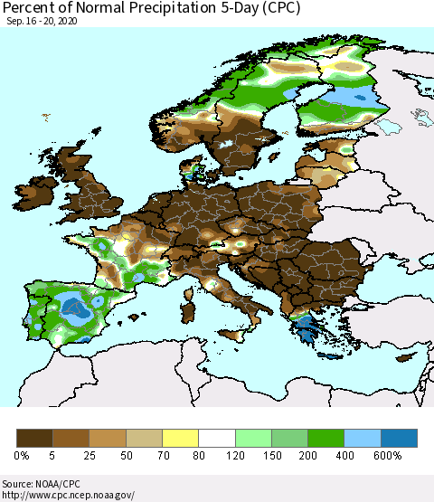 Europe Percent of Normal Precipitation 5-Day (CPC) Thematic Map For 9/16/2020 - 9/20/2020
