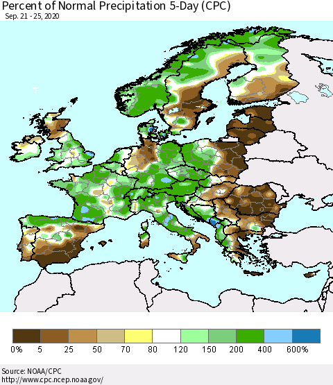 Europe Percent of Normal Precipitation 5-Day (CPC) Thematic Map For 9/21/2020 - 9/25/2020