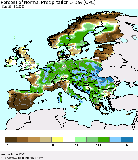 Europe Percent of Normal Precipitation 5-Day (CPC) Thematic Map For 9/26/2020 - 9/30/2020